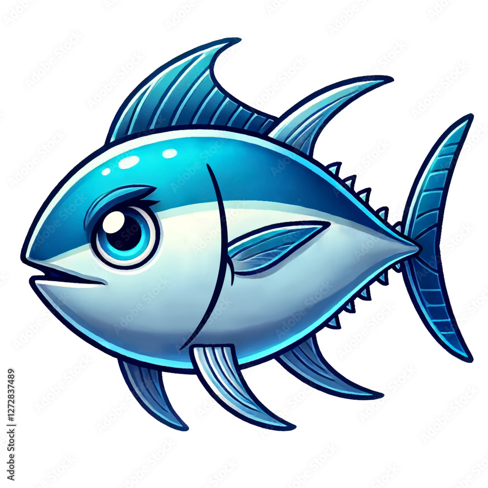 A vibrant and detailed digital illustration of a stylized blue tuna fish with a sleek body, sharp fins, and a determined expression. A vibrant and detailed digital illustration of a stylized blue tuna fish with a sleek body, sharp fins, and a determined expression.