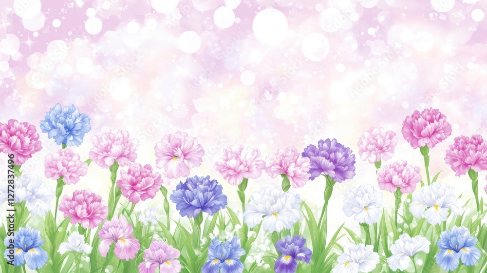 Colorful Pastel Carnation Flowers in Bloom with Soft Bokeh Background in a Spring Garden Colorful Pastel Carnation Flowers in Bloom with Soft Bokeh Background in a Spring Garden