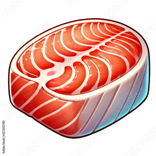 A vibrant and detailed digital illustration of a fresh salmon steak with a rich orange-pink hue and intricate white marbling.