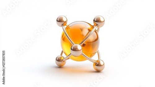 Golden Atom Model with Shiny Spheres on White Isolated Background. Generative AI photo