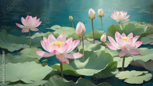 Green-leaved Lotus Flowers Growing in a Lake