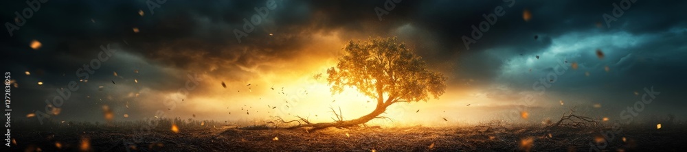 Surreal Landscape of a Lone Tree Surrounded by Dust and Wind. Generative AI Surreal Landscape of a Lone Tree Surrounded by Dust and Wind. Generative AI