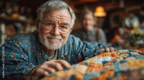 Portrait of a smiling elderly man in a cozy environment enjoying his hobby. Generative AI photo