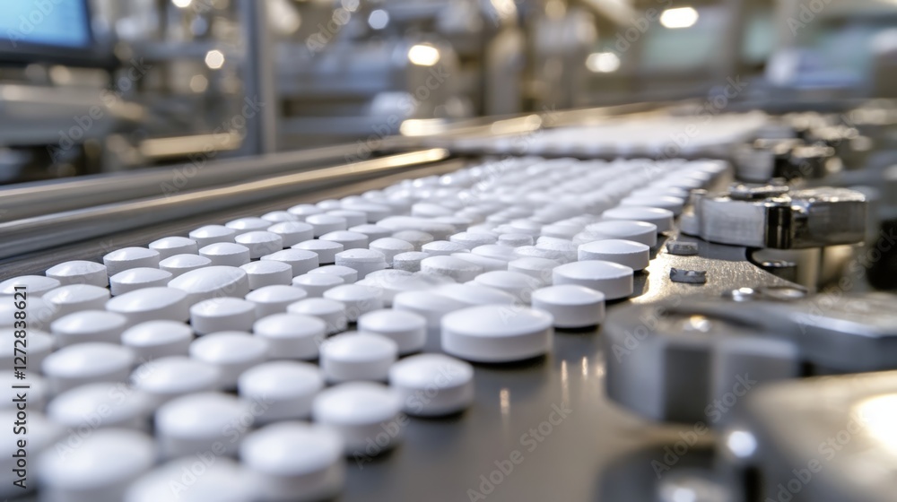 Pharmaceutical manufacturing line with white pills in a factory setting Pharmaceutical manufacturing line with white pills in a factory setting