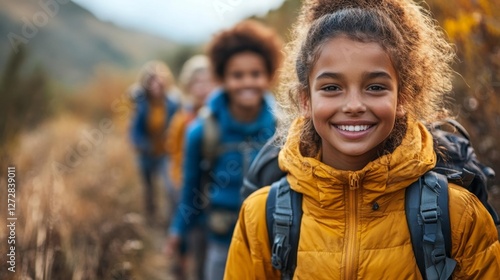 Happy group of people hiking together in nature with backpacks during a sunny day. Generative AI