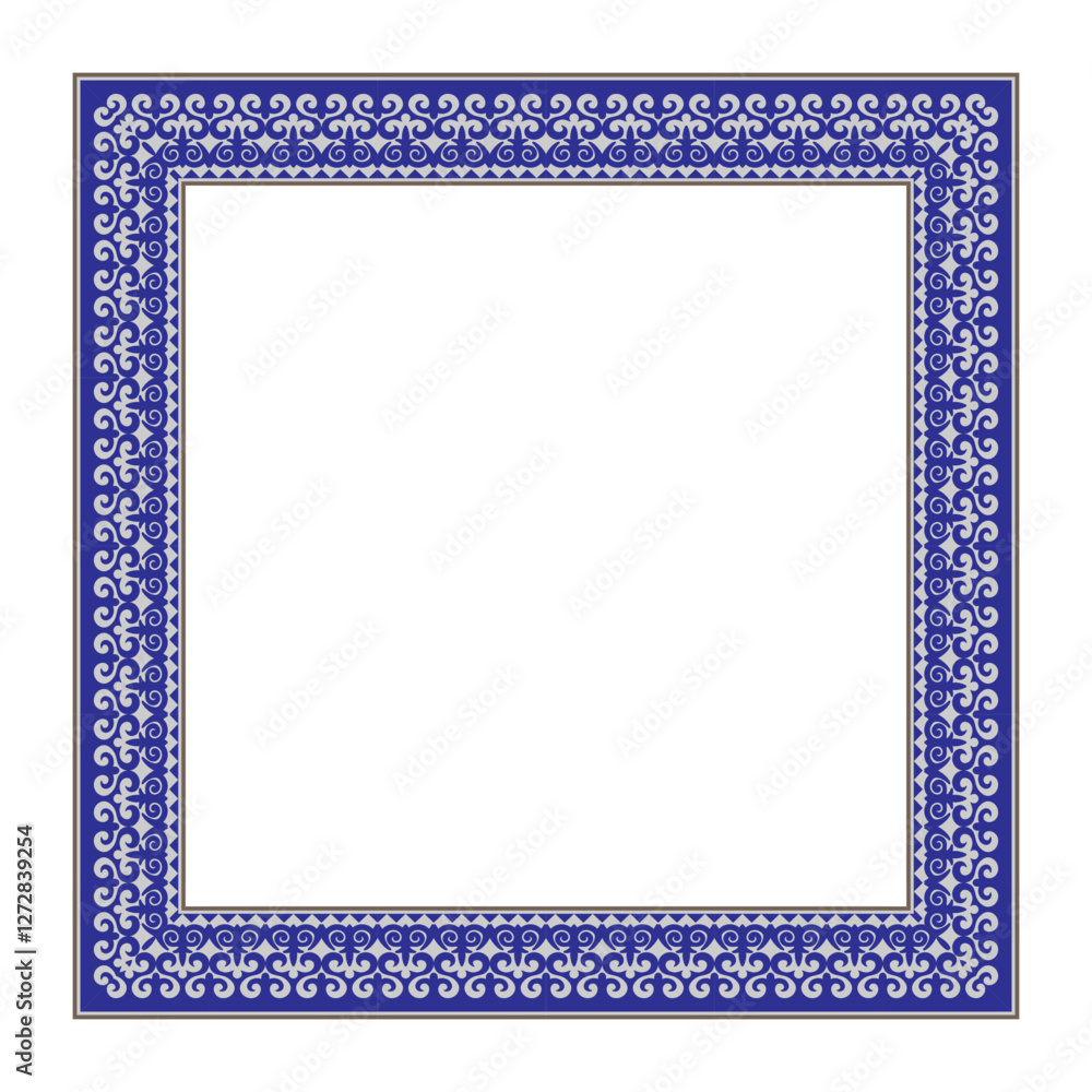 Blue and white ornamental frame. Square Ethnic Frame. Design Element of Turkic Nomads, Kazakh, Kyrgyz, Mongol, Tatar, Uzbek, Tajik. For plates, textiles, print design. Template for design. Vector Blue and white ornamental frame. Square Ethnic Frame. Design Element of Turkic Nomads, Kazakh, Kyrgyz, Mongol, Tatar, Uzbek, Tajik. For plates, textiles, print design. Template for design. Vector