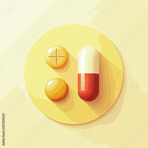 Colorful pharmaceutical pills on yellow background, health concept