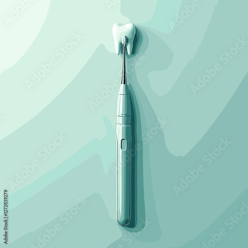 Electric toothbrush and tooth illustration on mint background, dental hygiene