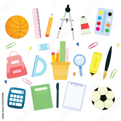 Vector set of school elements. Back to school collection of different supplies.