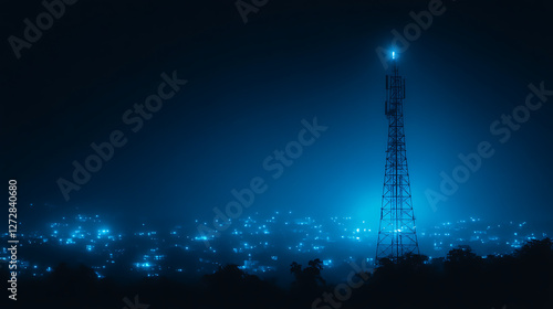 Telecommunications Tower at Night Illuminating Distant Cityscape in Mysterious Blue Ambience.