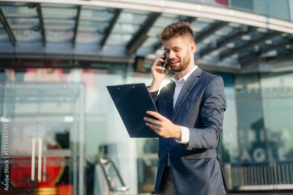 Fototapeta premium Modern businessman outdoors, using a tablet. Ideal for business, technology, and innovation themes.
