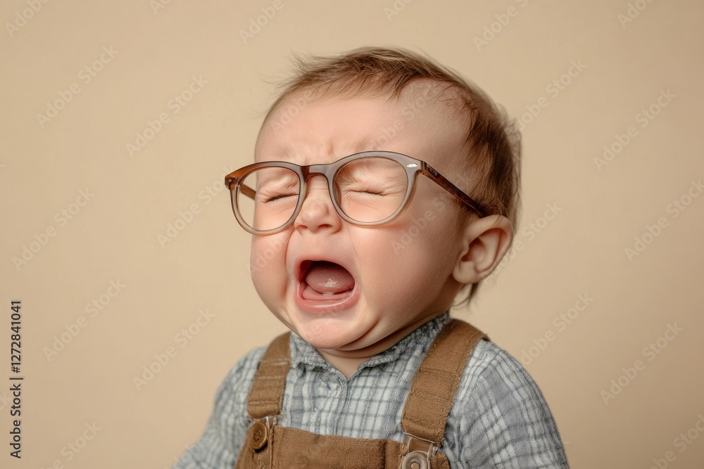 Crying baby wearing glasses with mouth open in distress Crying baby wearing glasses with mouth open in distress