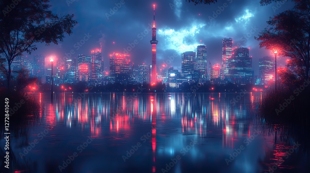 Fototapeta premium city skyline nighttime reflections lofi manga wallpaper of a sad yet beautiful scene with cityscape