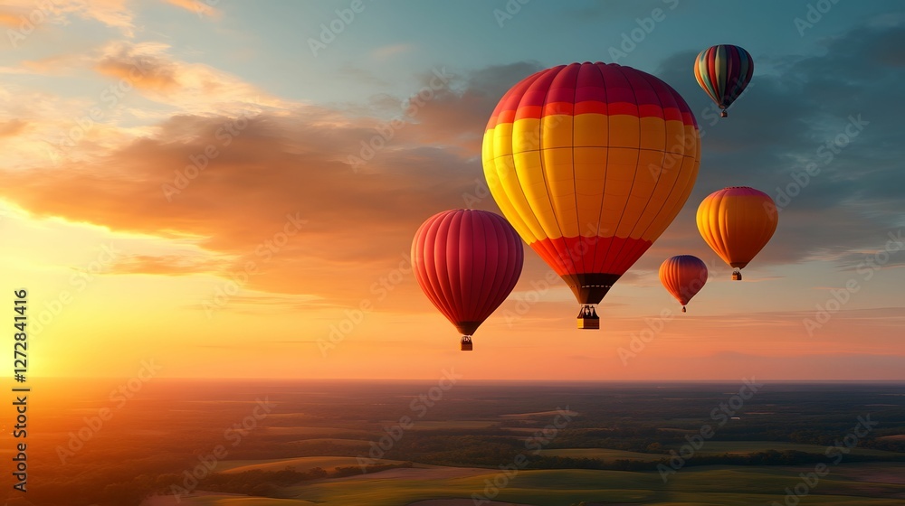 Colorful hot air balloons soar above a scenic landscape during a stunning sunset, creating a picturesque view filled with vibrant hues. Colorful hot air balloons soar above a scenic landscape during a stunning sunset, creating a picturesque view filled with vibrant hues.