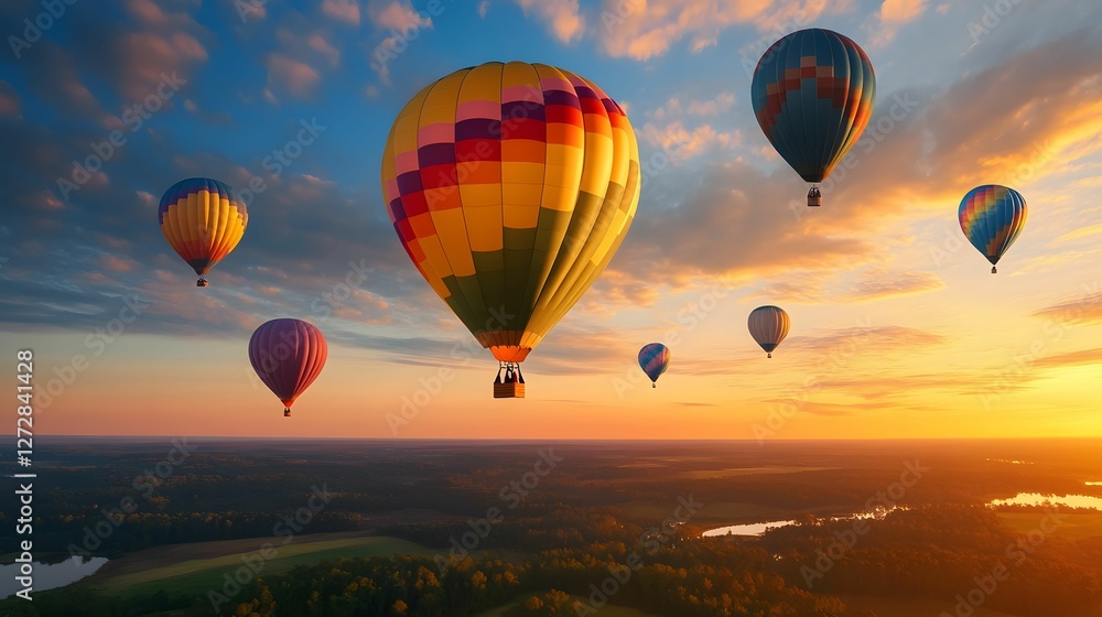 Obraz premium A vibrant sunset scene featuring multiple colorful hot air balloons soaring through the sky.