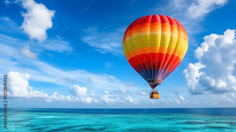 A colorful hot air balloon floats above clear blue waters under a bright sky, creating a picturesque and serene landscape. A colorful hot air balloon floats above clear blue waters under a bright sky, creating a picturesque and serene landscape.