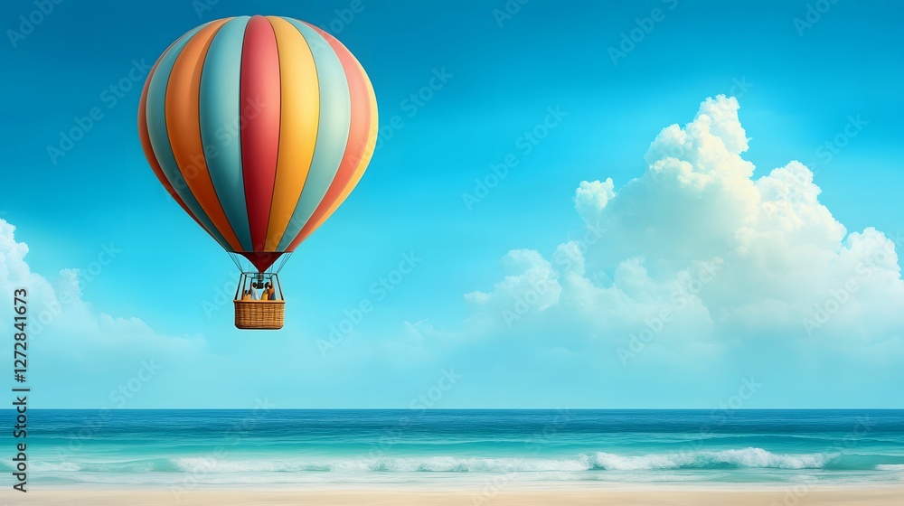 Fototapeta premium A colorful hot air balloon floats over a serene beach scene with gentle waves and fluffy clouds under a bright blue sky.