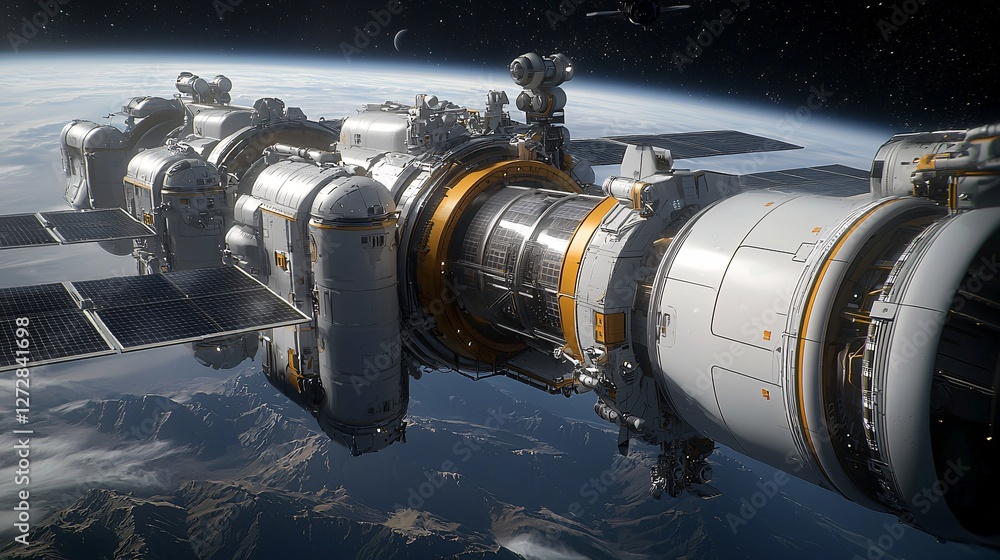 A breathtaking futuristic space station orbiting Earth, massive solar panels stretching into the cosmos, astronauts in zero gravity working on advanced technology, cinematic sci-fi scene, A breathtaking futuristic space station orbiting Earth, massive solar panels stretching into the cosmos, astronauts in zero gravity working on advanced technology, cinematic sci-fi scene,