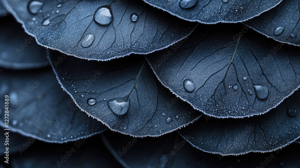 Obraz premium Close-up of layered dark leaves with water droplets