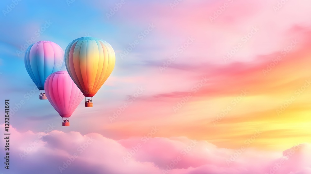 Fototapeta premium Colorful hot air balloons float gracefully in a pastel sky at sunset, surrounded by soft clouds, creating a serene and dreamy atmosphere.