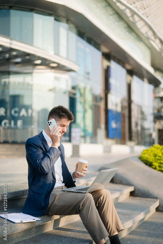 Modern businessman outdoors, using a tablet. Ideal for business, technology, and innovation themes. Modern businessman outdoors, using a tablet. Ideal for business, technology, and innovation themes.