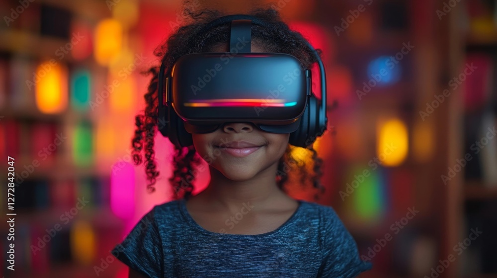 Girl with Virtual Reality Headset Smiling in Colorful Room. Generative AI Girl with Virtual Reality Headset Smiling in Colorful Room. Generative AI