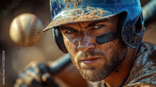 close up of baseball player hitting hard pitch at game