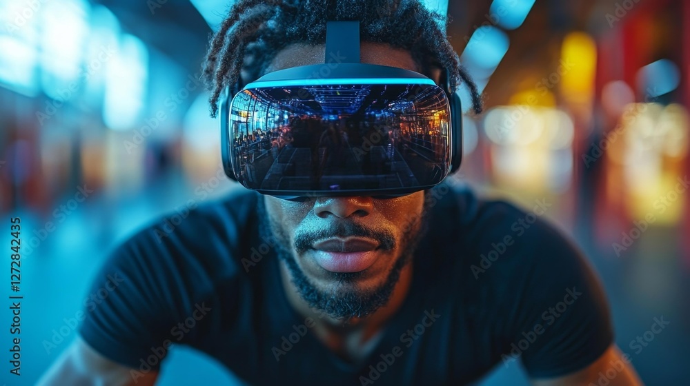 Man Engaged in Virtual Reality Experience. Generative AI Man Engaged in Virtual Reality Experience. Generative AI