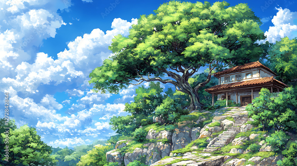 Tranquil Hillside Home Beneath a Majestic Tree with Cloudscape and Stone Stairway in Artistic Style. Tranquil Hillside Home Beneath a Majestic Tree with Cloudscape and Stone Stairway in Artistic Style.