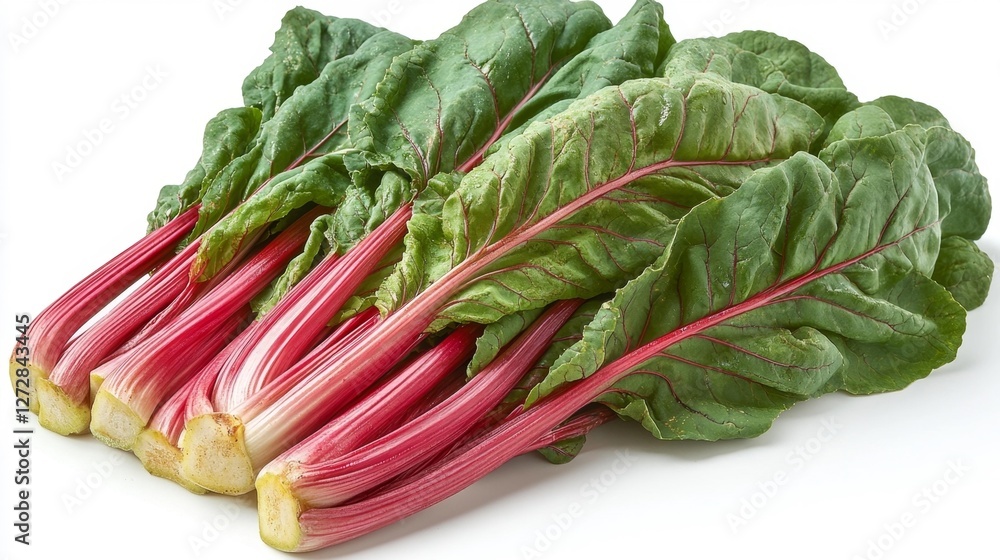 Fresh Swiss chard with vibrant red stems isolated on white background. Generative AI Fresh Swiss chard with vibrant red stems isolated on white background. Generative AI