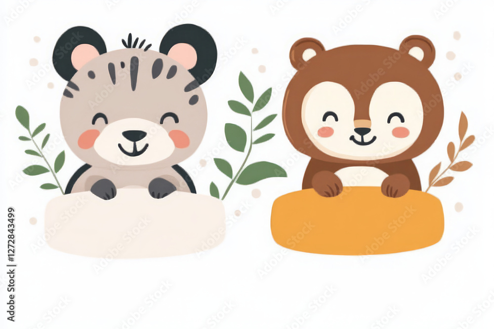 Cute animal illustrations featuring smiling bear and tiger with playful expressions. Perfect for children decor or educational materials Cute animal illustrations featuring smiling bear and tiger with playful expressions. Perfect for children decor or educational materials