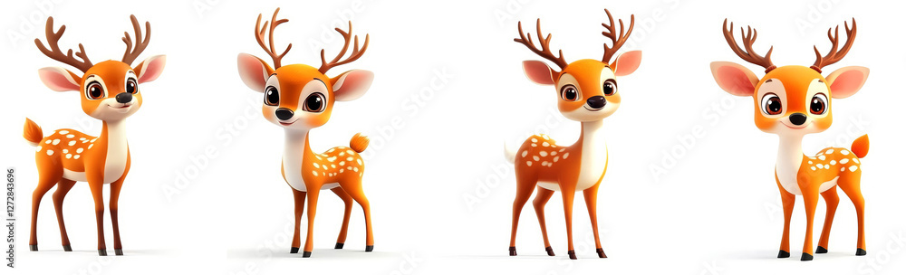 Cute cartoon deer with orange fur and antlers, showcasing playful expressions and vibrant colors Cute cartoon deer with orange fur and antlers, showcasing playful expressions and vibrant colors