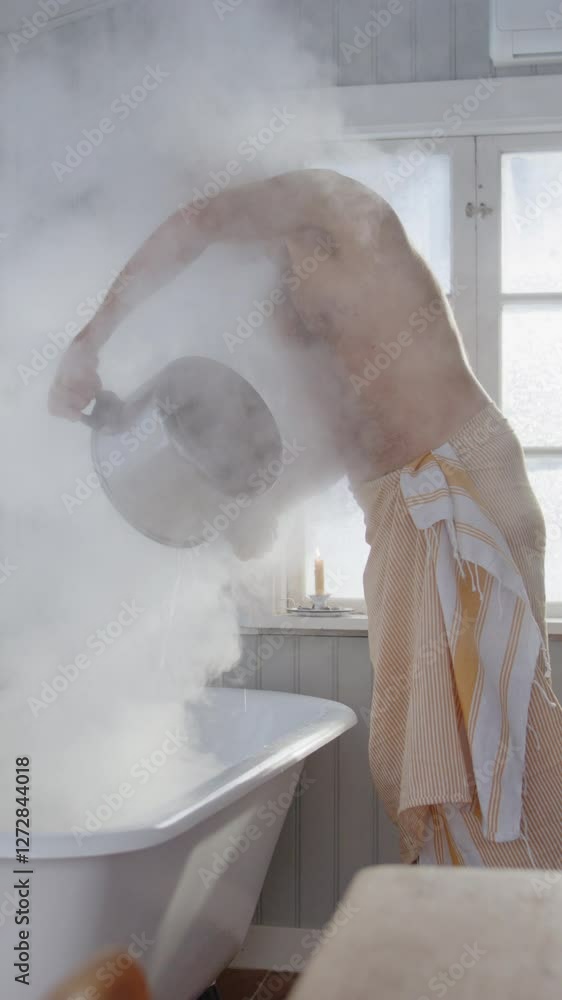 Bare chested man pour boiling hot water from woodstove into steam bath ...