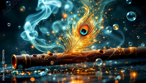 flute and a peacock feather. Generative AI