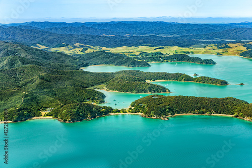 Aerial view of Te Rawhiti Inlet, North Island, New Zealand, Oceania.