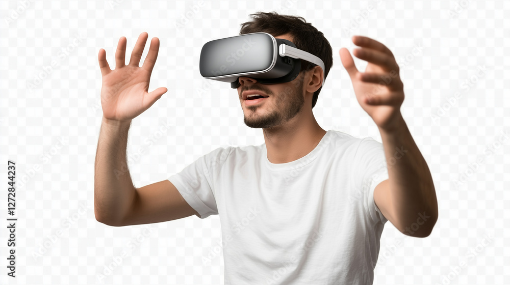 Man in white T Shirt using VR set to explore Virtual Reality Man in white T Shirt using VR set to explore Virtual Reality