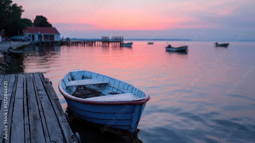 Peaceful Sunset on Lakeside Dock with Boat Peaceful Sunset on Lakeside Dock with Boat