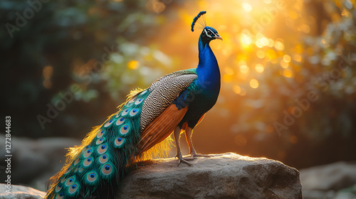 Majestic peacock with vibrant plumage, regal bird, wildlife portrait, sunlit environment, exotic beauty