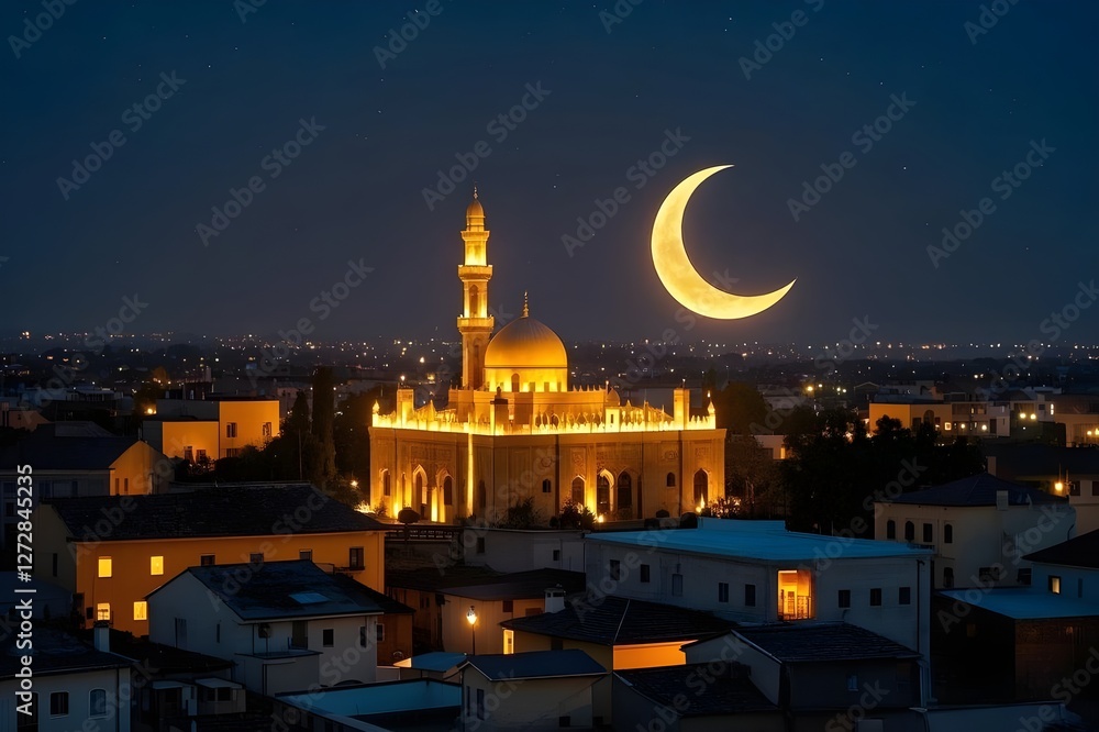 Fototapeta premium Ramadan decoration background, lantern and mosque with sunset sky background