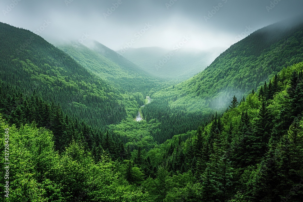 Obraz premium Misty Mountain Road Winding Through Lush Evergreen Forest, Serene Landscape Photography