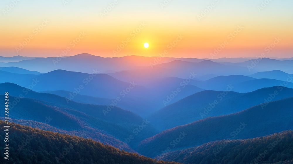 Fototapeta premium Serene Sunset Mountainscape: Warm golden light bathes rolling blue hills in peaceful ambiance. AI Generated