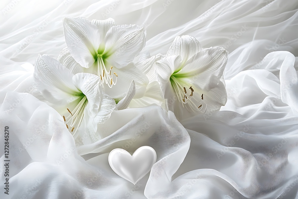 Obraz premium Ethereal Women's Day design with ethereal heart wisps and ethereal white amaryllis on an ethereal white canvas.