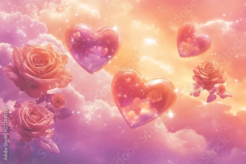 Ethereal Women's Day design with celestial hearts and heavenly roses on an ethereal pink sky.