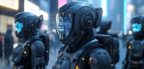 A city setting with individuals wearing smart urban armor equipped with air filtration systems and holographic navigation aids photo