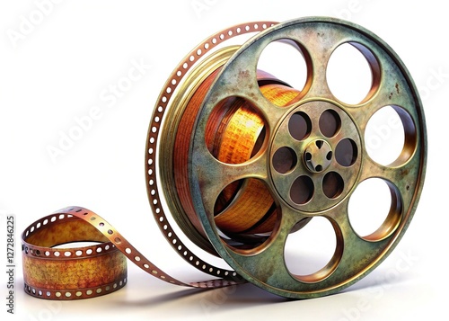 Classic Film Reel & Filmstrip Isolated on White Background - Vintage Movie Stock Photo photo