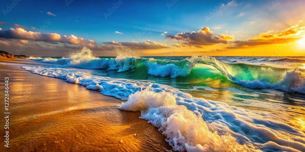 Naklejka premium Close-Up Ocean Waves Crashing on Sandy Beach Shore