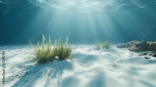 Underwater scene with sun rays and seaweed on sandy ocean floor photo