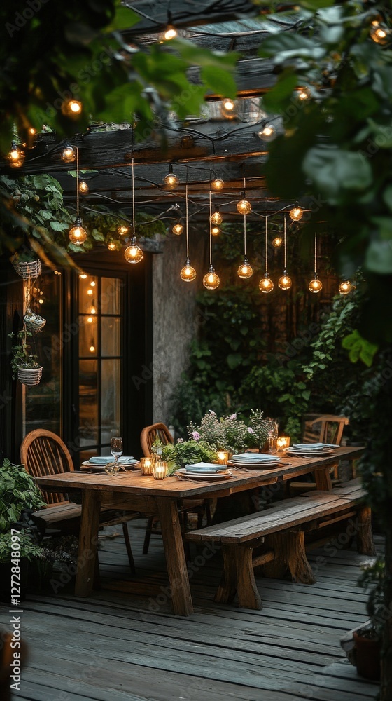 Obraz premium Cozy outdoor dining setup with warm lights.