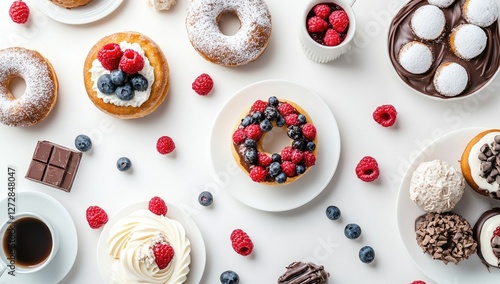 Delicious donuts, berries, and coffee flatlay photo