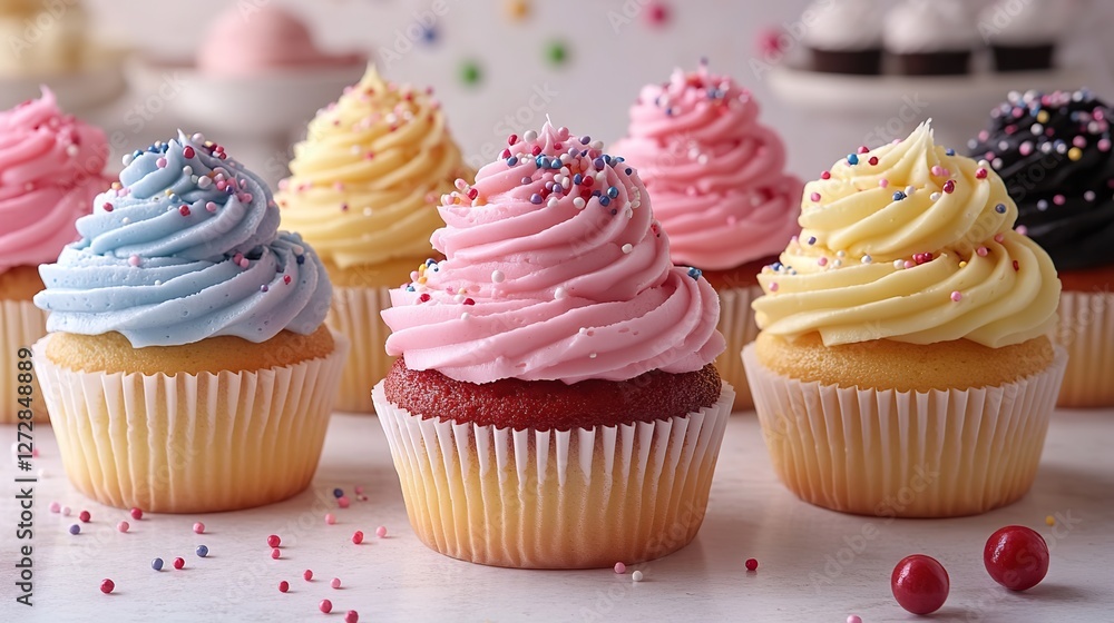 colorful frosted birthday cupcakes with sprinkles arranged on a white table perfect for celebrations,dessert themed designs with a light cheerful background colorful frosted birthday cupcakes with sprinkles arranged on a white table perfect for celebrations,dessert themed designs with a light cheerful background